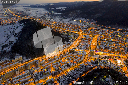 Image of Night scene with city lights, aerial winter scene