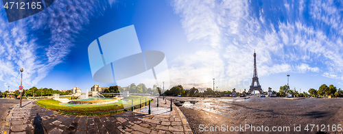 Image of The Eiffel Tower seen from Pont d\'Iena in Paris, France. 360 degree panoramic view