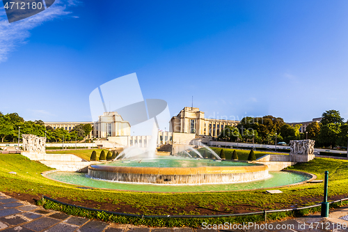 Image of Fountain in trocadero garden and the Palais of Chaillot near Eiffel Tower in Paris, France.