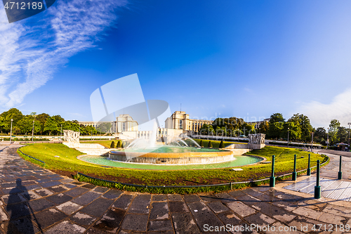 Image of Fountain in trocadero garden and the Palais of Chaillot near Eiffel Tower in Paris, France.