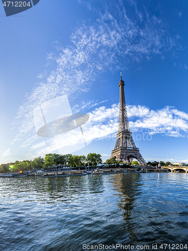 Image of Panorama of the Eiffel Tower and riverside of the Seine in Paris