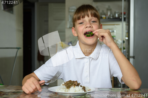 Image of Happy little girl happily eating fresh herbs at lunch