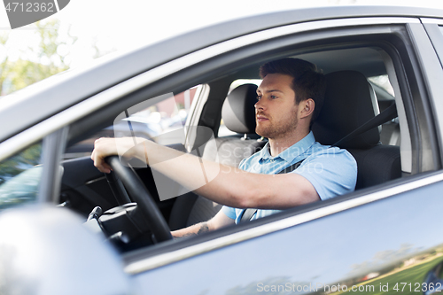 Image of man or driver driving car in summer