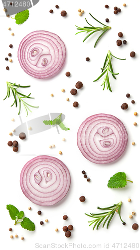 Image of flat lay composition of onion and spices