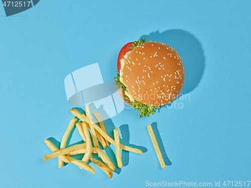 Image of fresh tasty burger and fries