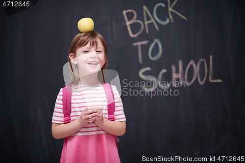 Image of child holding apple on head