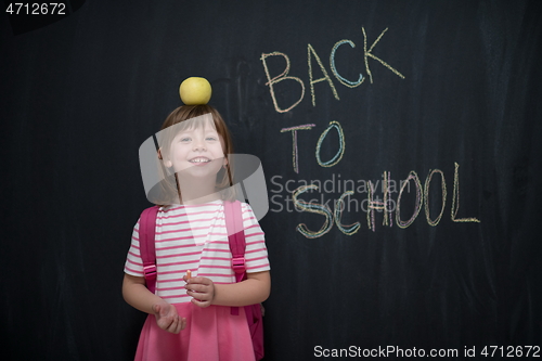 Image of child holding apple on head