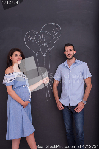 Image of pregnant couple drawing their imaginations on chalk board