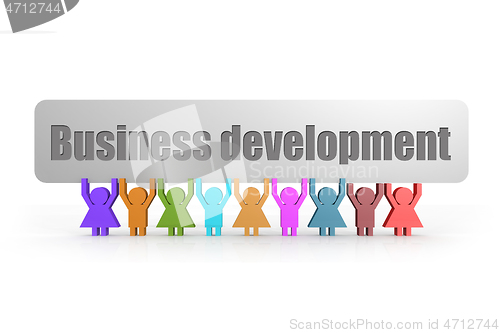 Image of Business development word on a banner hold by group of puppets