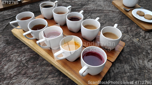 Image of Coffee and tea testing on the wood table Bali