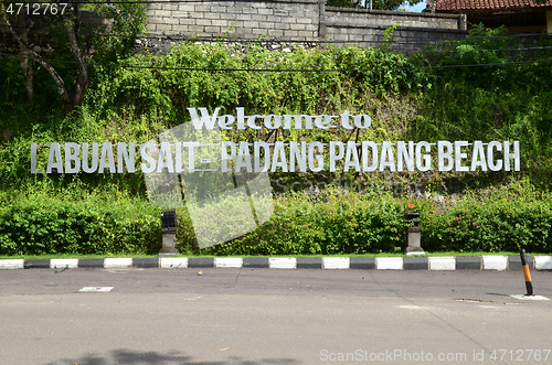 Image of Welcome to Labuan Sait Padang Padang Beach sign in Bali