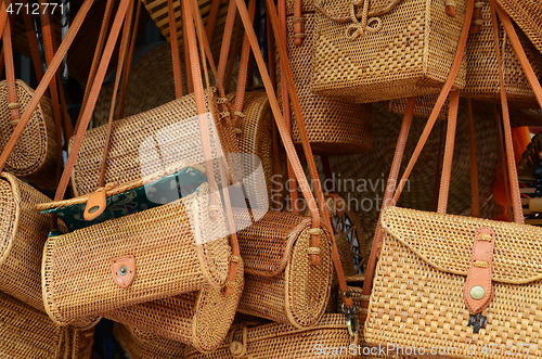 Image of Balinese handmade rattan eco bags in a local souvenir market