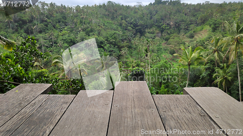 Image of Wooden front with Balinese blurred jungle