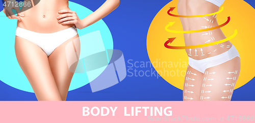 Image of Beautiful female body, concept of bodycare and lifting