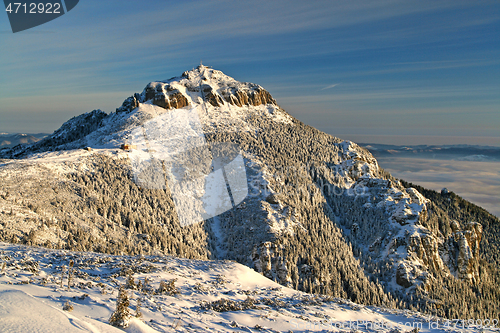 Image of Winter scene, frozen forest and mountain