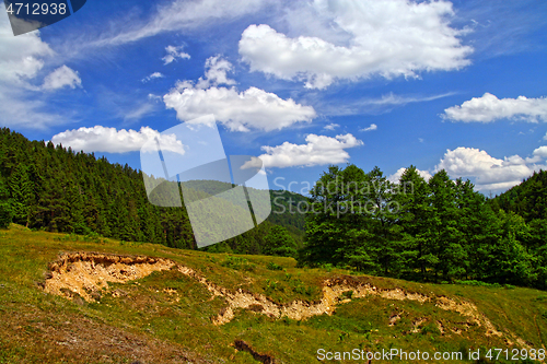 Image of Landslide and soil erosion on summer mountain