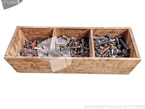 Image of Wooden box with old metal pieces