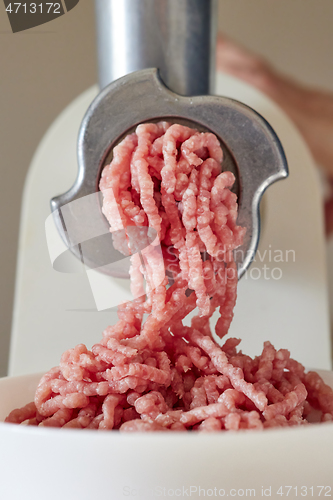 Image of mince the meat with an electric meat mincer