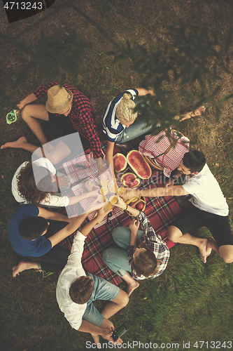 Image of top view of group friends enjoying picnic time