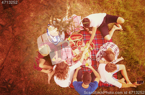 Image of top view of group friends enjoying picnic time