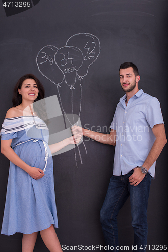 Image of pregnant couple drawing their imaginations on chalk board