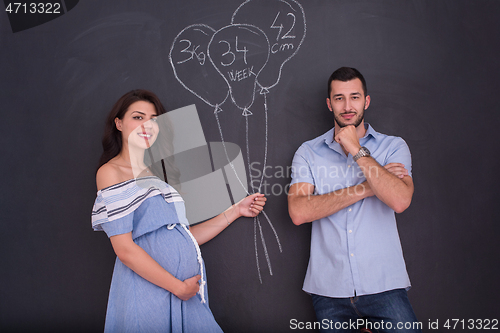 Image of pregnant couple drawing their imaginations on chalk board