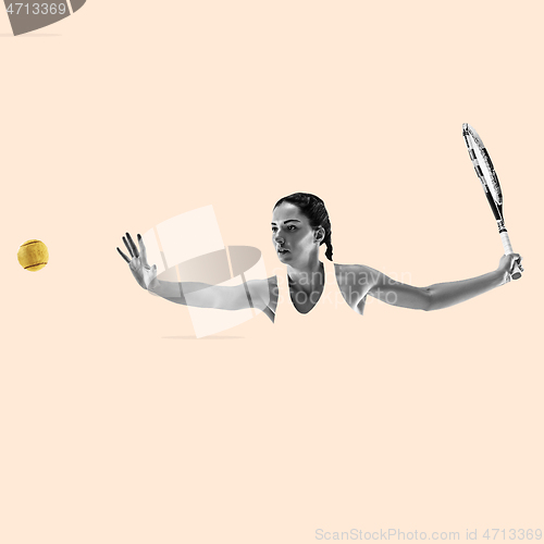 Image of Portrait of young woman playing tennis isolated on studio background