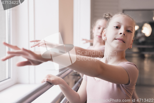 Image of Young graceful female ballet dancers dancing at training studio