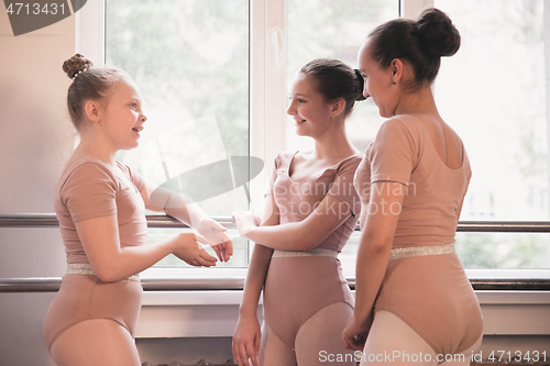 Image of Young graceful female ballet dancers dancing at training studio