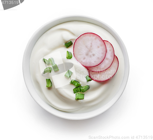 Image of bowl of sour cream with radish and green onion