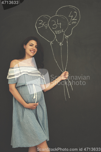 Image of Portrait of pregnant woman in front of black chalkboard