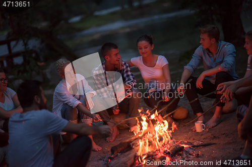 Image of young friends relaxing around campfire