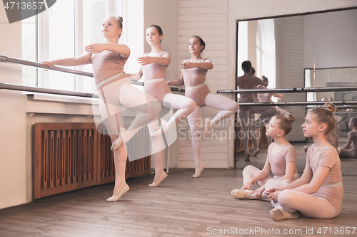 Image of Young graceful female ballet dancers dancing at training studio
