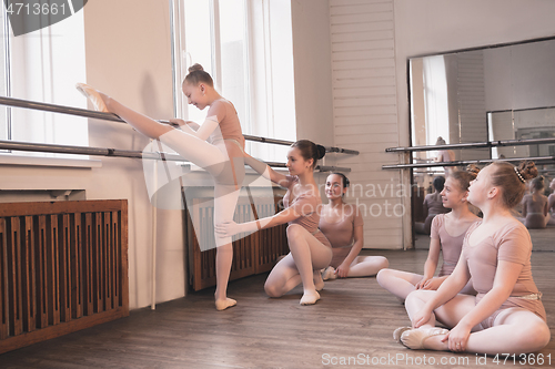 Image of Young graceful female ballet dancers dancing at training studio