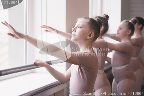 Image of Young graceful female ballet dancers dancing at training studio