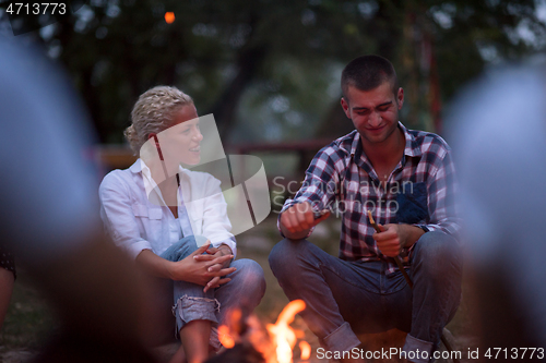 Image of young friends relaxing around campfire