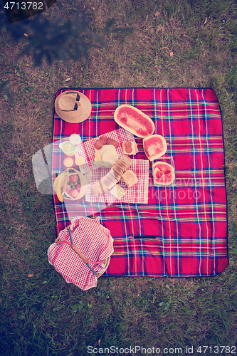 Image of top view of picnic blanket setting on the grass