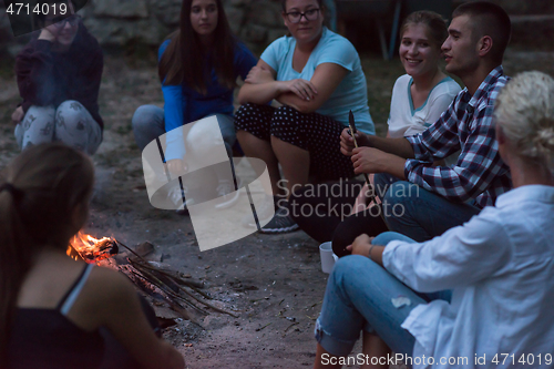 Image of young friends relaxing around campfire