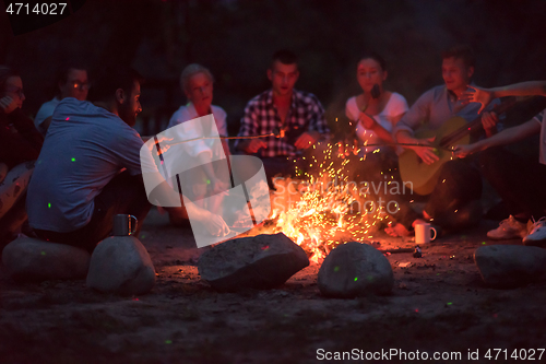 Image of young friends relaxing around campfire