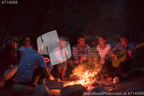 Image of young friends relaxing around campfire