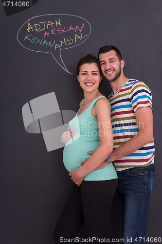 Image of pregnant couple writing on a black chalkboard