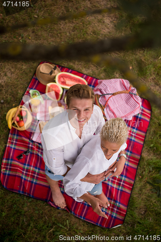 Image of top view of couple enjoying picnic time