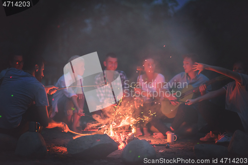 Image of young friends relaxing around campfire