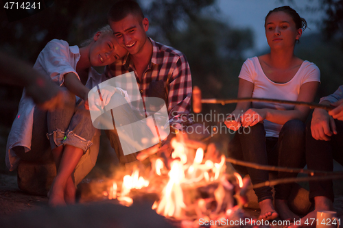 Image of young friends relaxing around campfire