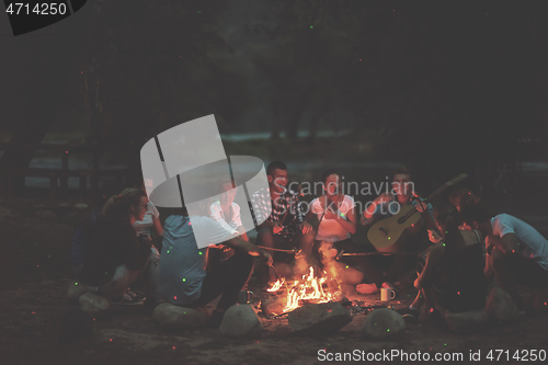 Image of young friends relaxing around campfire