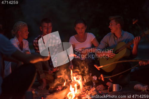 Image of young friends relaxing around campfire