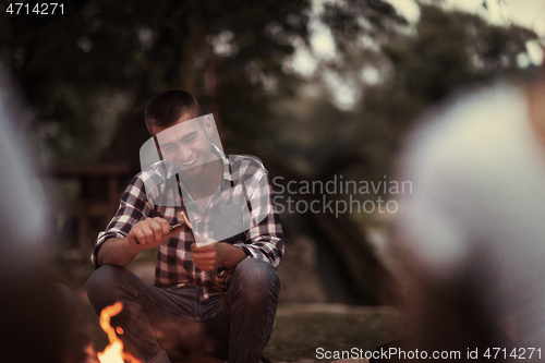 Image of young friends relaxing around campfire