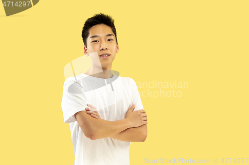 Image of Korean young man\'s half-length portrait on yellow background