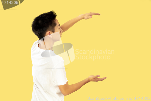 Image of Korean young man\'s half-length portrait on yellow background