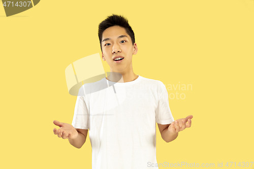 Image of Korean young man\'s half-length portrait on yellow background